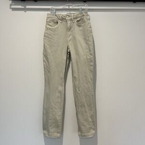 Good American jeans Sz 4/27, Cream Frayed Bottom Pockets Slim Straight